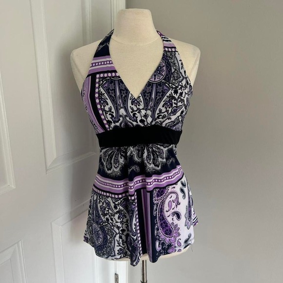 Y2K PURPLE AND BLACK VANITY PAISLEY PRINT HALTER NECK TOP - Picture 1 of 6
